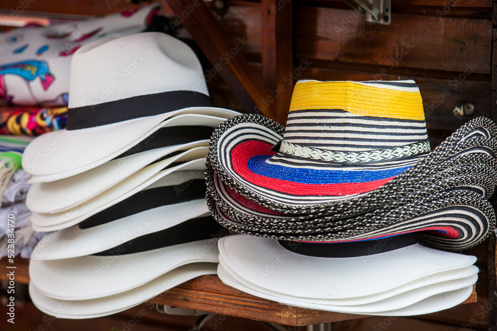 Traditional hats from Colombia called sombrero aguadeño and sombrero  vueltiao foto de Stock | Adobe Stock
