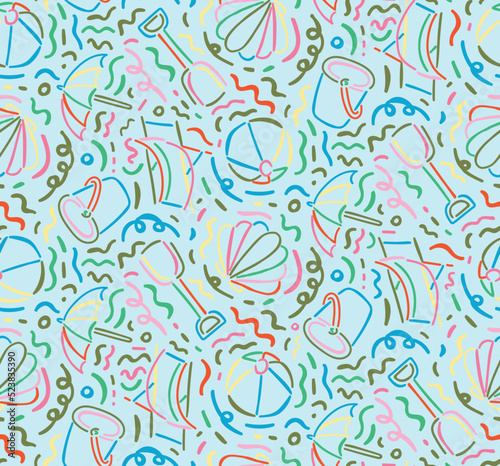 BUCKET BELL SHELL DECK CHAIR SEA SIDE CONVERSATIONAL PRINT SEAMLESS PATTERN VECTOR