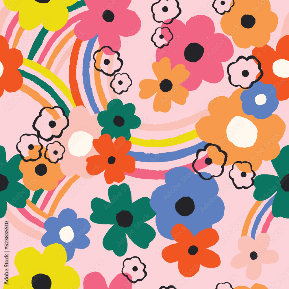 RETRO JOY DAISY 90S HIPPIE JOYFUL RAINBOW FLORAL SEAMLESS PATTERN PRINT VECTOR