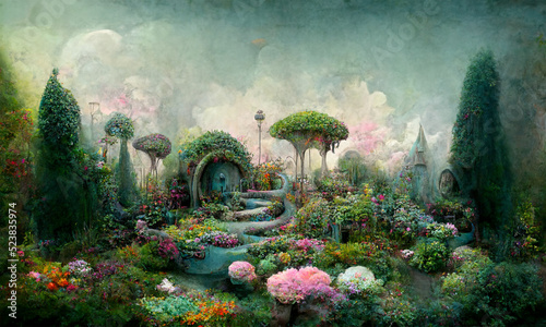 surreal fantasy dreamland garden, lush vegetation, digital ilustration photo