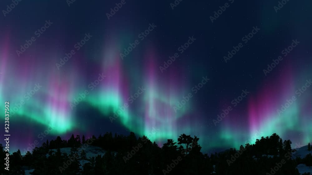 Beautiful green and red aurora dancing over the hills.