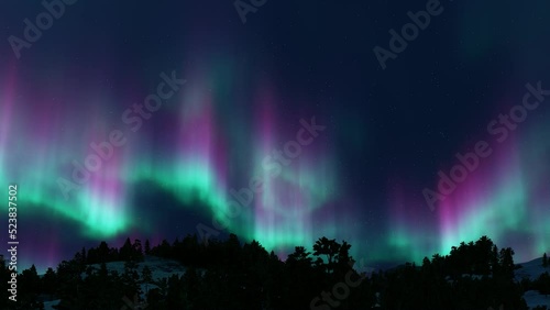 Beautiful green and red aurora dancing over the hills.