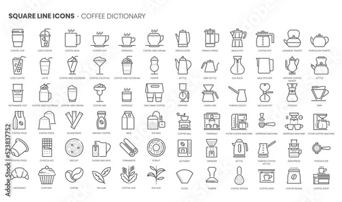 Coffee related  pixel perfect  editable stroke  up scalable square line vector icon set.
