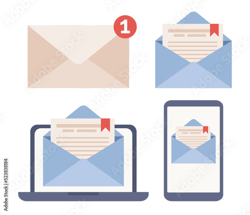 Open and closed mail envelope icon set. Mail notification sign. New message. Vector flat illustration 