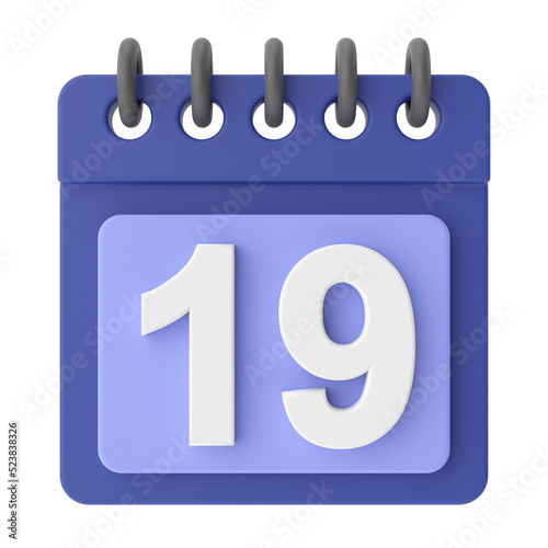 Quadro em tela 19th. Nineteenth day of month. 3D calendar icon.