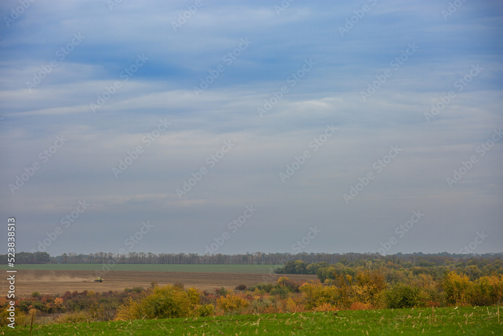 Landscape autumn agricultural fields, between the fields of forests.