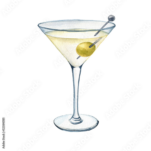 watercolor drawing glass with martini cocktail at white background,hand drawn illustration