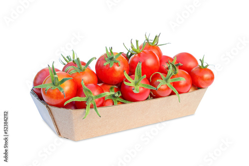 A cardboard container is filled with red cherry tomatoes