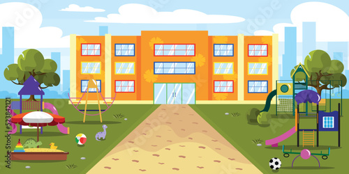 Vector illustration of modern kindergarten. Cartoon urban buildings with toys, swings, slides, sandbox, trees and a city in the background.