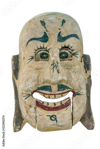 Antique Chinese wooden mask with working eyes and mouth,