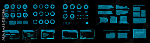 Set of elements for HUD interface. Futuristic virtual user interface with dialog boxes, portals and circles. Digital frames for communication with HUD elements