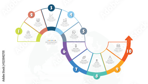Basic circle infographic template with 10 steps, process or options, process chart, Used for process diagram, presentations, workflow layout, flow chart, infograph. Vector eps10 illustration.