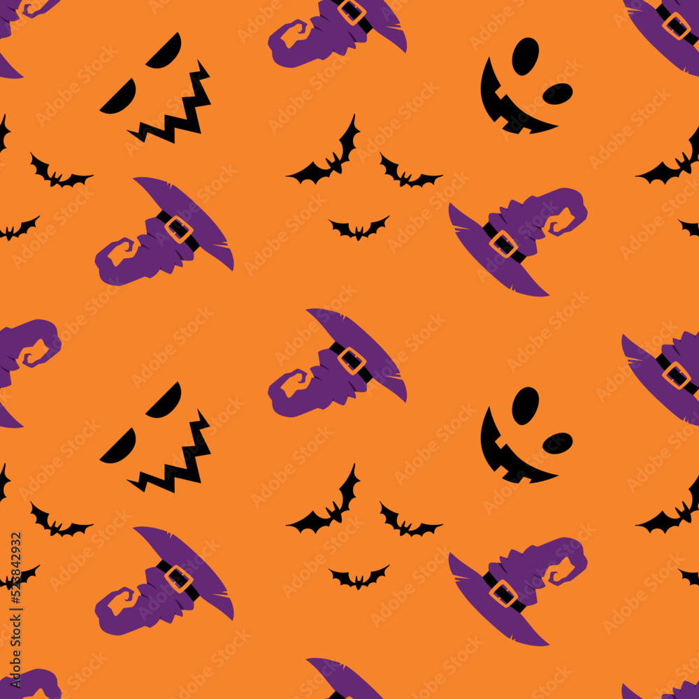 Fototapeta premium Seamless pattern with smiling faces of ghosts or Halloween pumpkins and witch hats on an orange background. Vector illustration