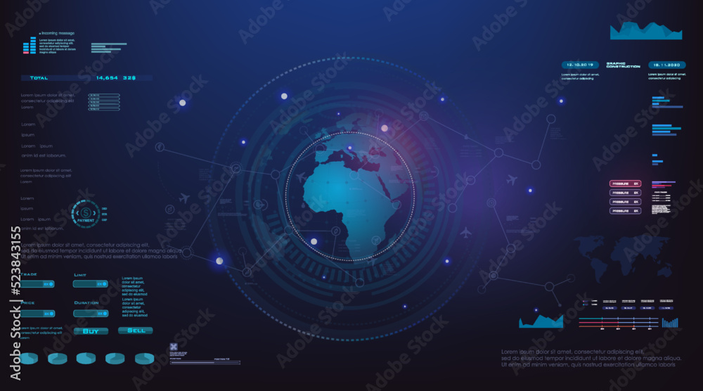 Futuristic background with HUD elements. Digital user interface with navigation bar. World Internet technologies and communications. Futuristic background with interface and earth diagrams Futuristic background with HUD elements. Digital user interface with navigation bar. World Internet technologies and communications. Futuristic background with interface and earth diagrams