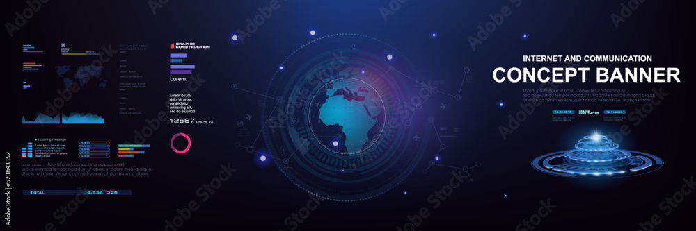 Obraz premium Concept banner with HUD elements. Globe with information exchange and internet connections. World Internet technologies and communications. Technology interface in HUD style