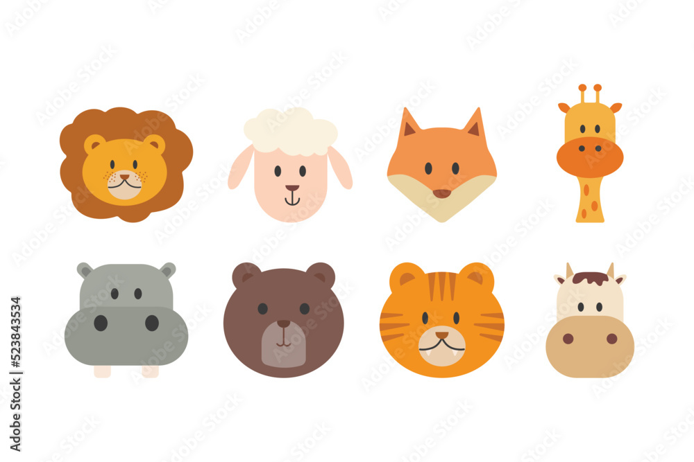 Animal cartoon faces by hand drawn style. Vector animal cartoon character illustration about lion, sheep, fox, giraffe, hippopotamus, bear, tiger and cow.