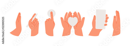 Hands collection in various positions. Greeting, writing, holding a smartphone, touching human gestures