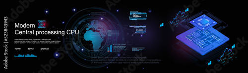 Technological digital cyber banner with new generation processor. Processor for computer. Development of electronic circuits and microdevices. Advanced internet technologies