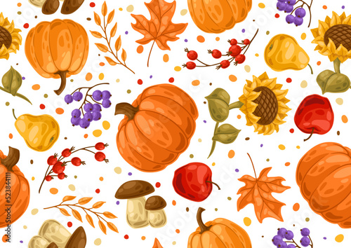 Seamless pattern with autumn plants. Harvest illustration of vegetables and leaves.