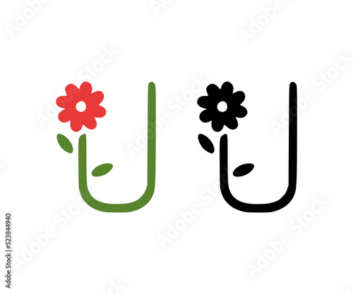 Letter U and red flower doodle icon