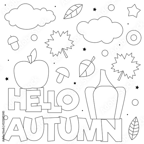 Hello Autumn. Coloring page. Black and white vector illustration.