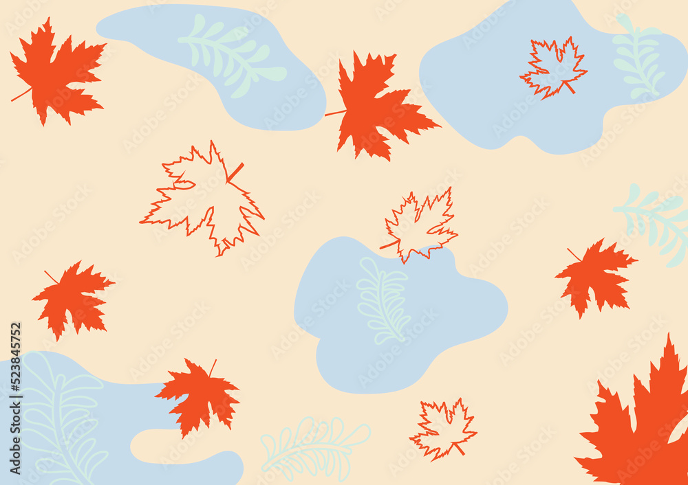 Natural background of leaves, branches and organic shapes in summer tone, orange, blue and green .vector illustration.
