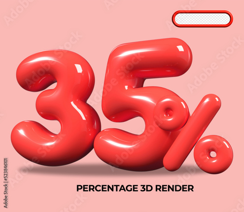 3D render number 35 % percentage RED plastic, balloon, sale discount, progress, shop kid sale