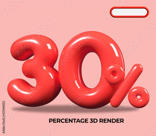 3D render number 30 % percentage RED plastic, balloon, sale discount, progress, shop kid sale