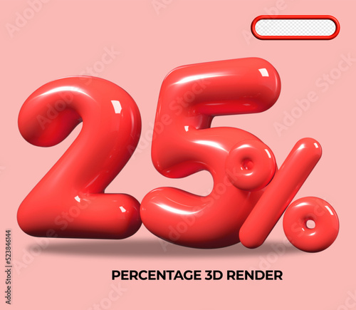 3D render number 25 % percentage RED plastic, balloon, sale discount, progress, shop kid sale