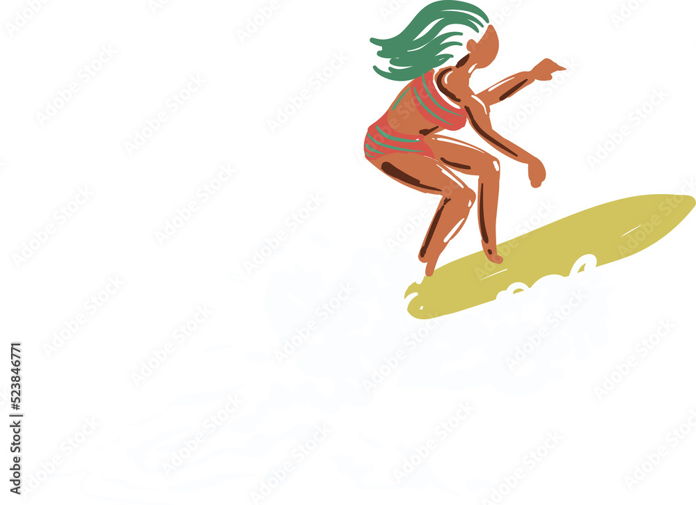 Hand drawn cutegirl surfing  ALOHA HAWAII illustration