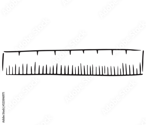 Children ruler sketch hand drawn illustration isolated on white background. School symbol drawing in doodle line art. Device for measurement and creating geometrical figures.
