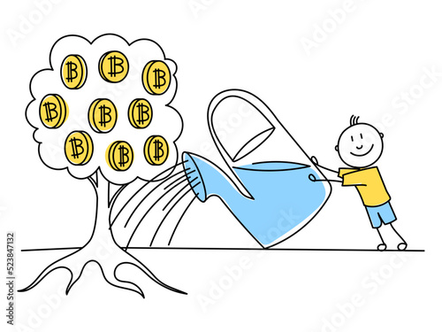 A man waters a money tree with bitcoins from a large watering can.