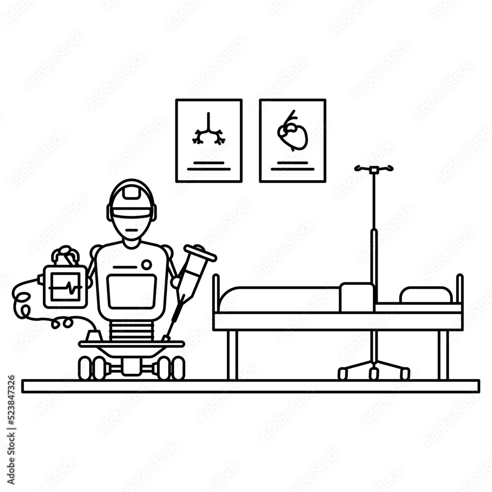 Teleoperated robots Concept, bot with walking sticks and ecg machine vector icon design, Robotic medicine symbol, Healthcare Scene Sign, Innovation Artificial Intelligence Works in Modern Clinic stock