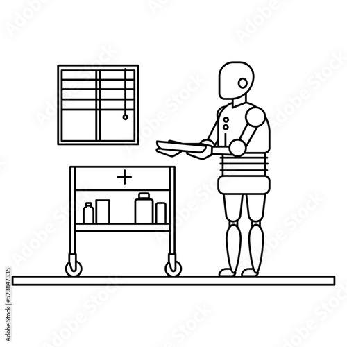 Supply Delivery Robot Concept, cobot collaborative robot vector icon design, Robotic medicine symbol, Healthcare Scene Sign, Innovation Artificial Intelligence Work in Modern Clinic stock illustration