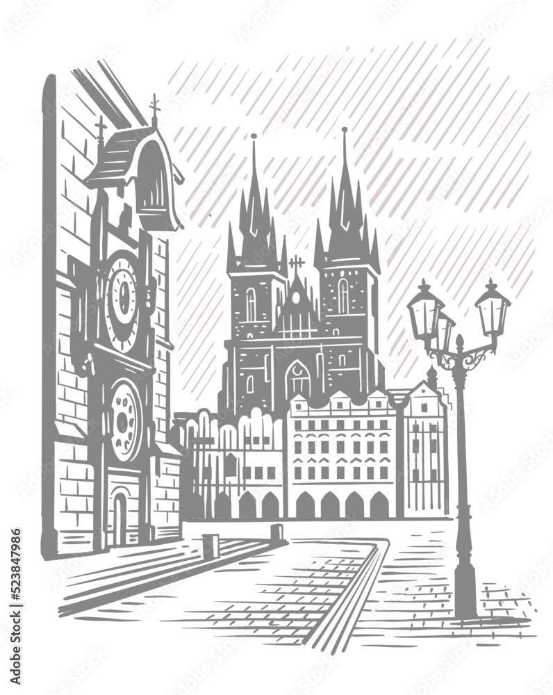Old Town Square in Prague, drawing Czech.