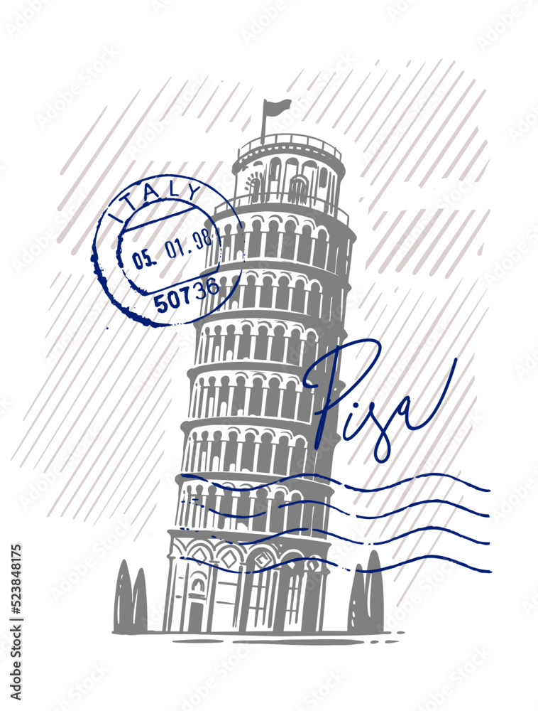 Tower Pisa, vector sketch with stamp.