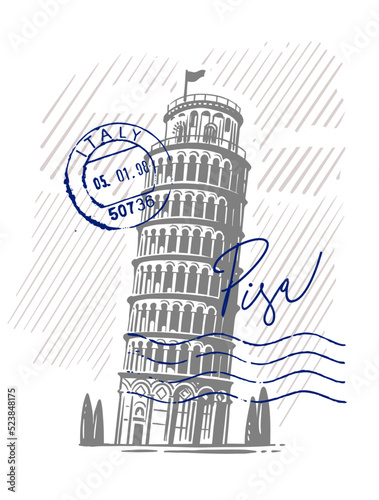 Tower Pisa, vector sketch with stamp.