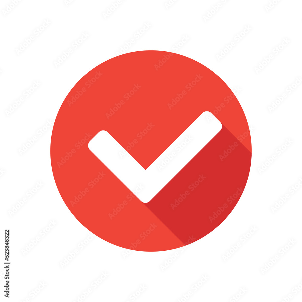 Check mark icon isolated, round button, long shadow style. Check mark icon isolated, round button, long shadow style.