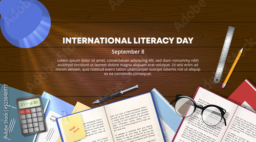 International literacy day background with books and stationery on a table