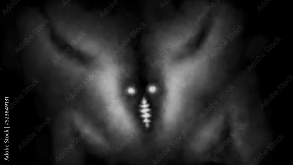 Scary illustration of demon skull face. Evil monster silhouette. Horror fantasy genre. Dark theme concept art. Gloomy character from nightmares. Coal and noise effect. Black and white background. Scary illustration of demon skull face. Evil monster silhouette. Horror fantasy genre. Dark theme concept art. Gloomy character from nightmares. Coal and noise effect. Black and white background.