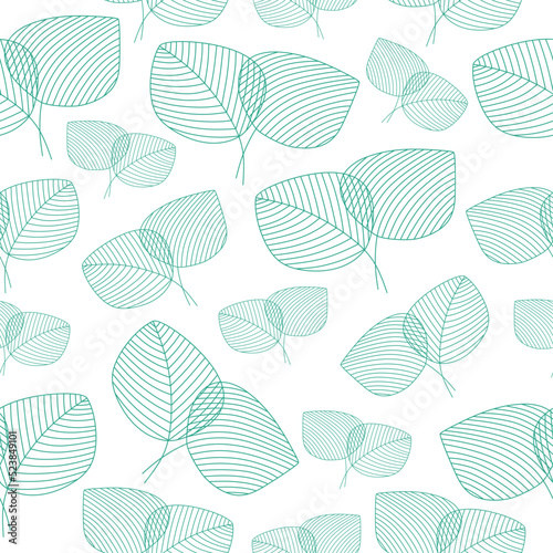 Seamless pattern. Ornamental linear leaf's isolated on white background. Light green color.