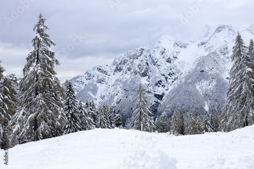 Winter Mountain landscape in Julian Alps Slovenia on Mountain Pass Road of Vrsic Slovenia © Fotopogledi