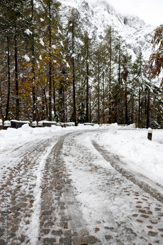 Difficult Winter Snow Conditions on Road in Nature - Slovenia Vrsic Alpine Pass Difficult Winter Snow Conditions on Road in Nature - Slovenia Vrsic Alpine Pass