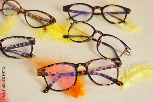 eyeglasses on beige background with colored feathers