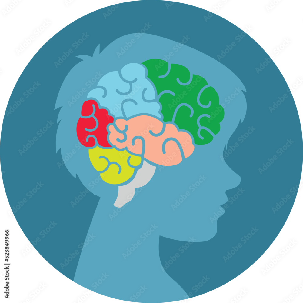 Illustration of boy with brain lobes of different colors on white background. Dyslexia concept Illustration of boy with brain lobes of different colors on white background. Dyslexia concept