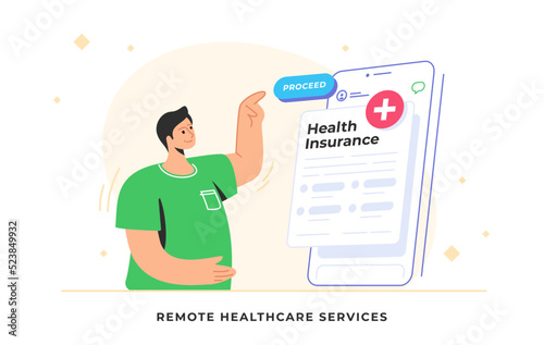 Electronic health insurance card and medical aid guaranteed. Flat vector illustration of smiling man standing near a big smartphone and pointing to a digital form to order a personal health insurance