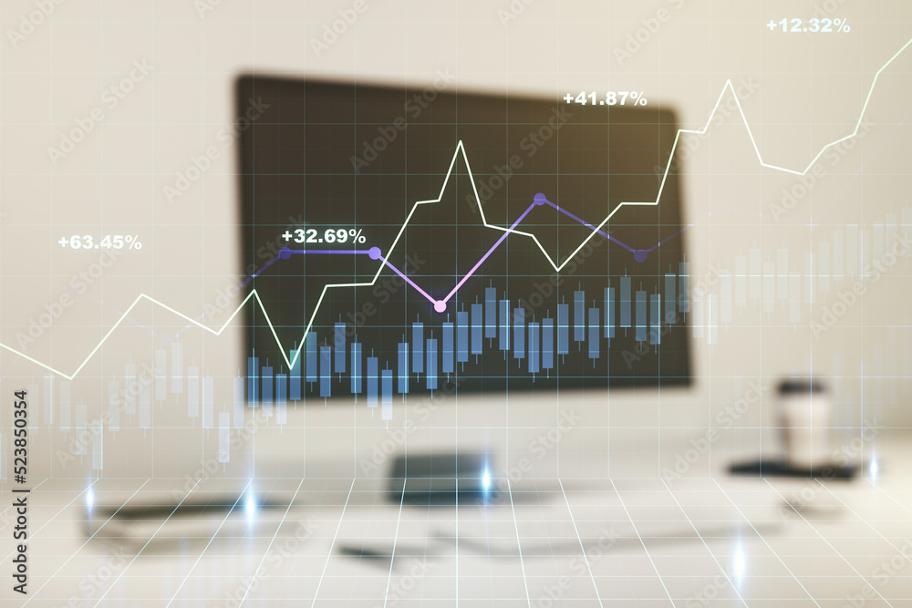 Multi exposure of abstract financial graph on laptop background, financial and trading concept Multi exposure of abstract financial graph on laptop background, financial and trading concept