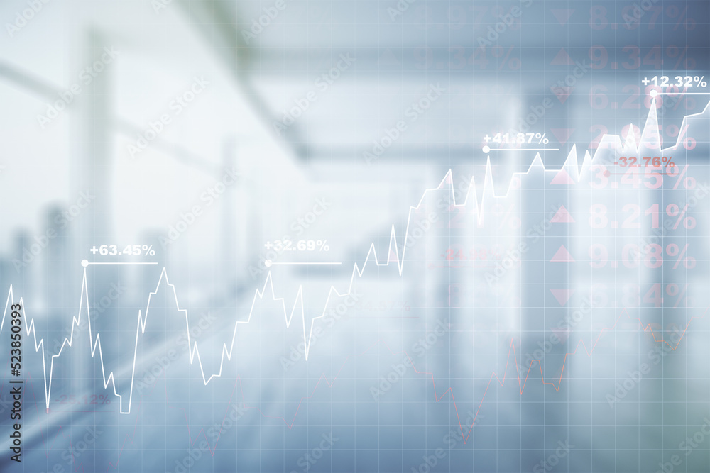 Multi exposure of virtual abstract financial graph interface on modern interior background, financial and trading concept