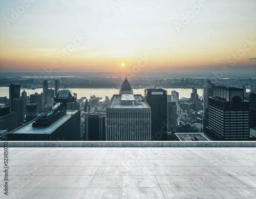 Photography Empty concrete dirty rooftop on the background of a beautiful New York city skyl
