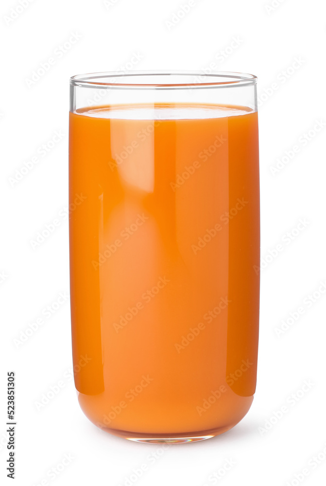 Glass of tasty fresh carrot juice isolated on white Glass of tasty fresh carrot juice isolated on white